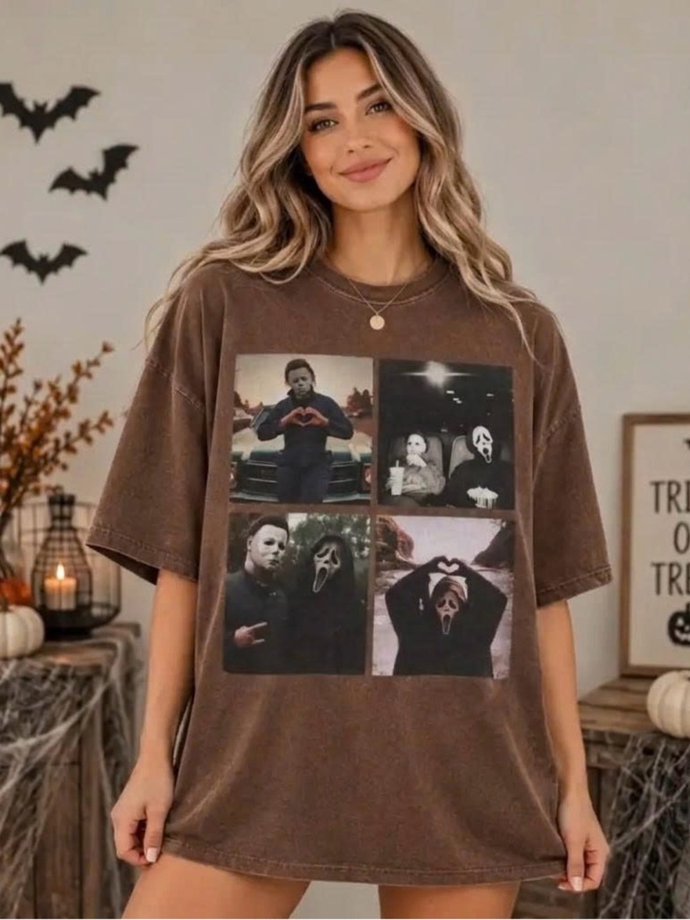 Vintage Horror Movie Friends Graphic T-Shirt Washed Brown Halloween Tee